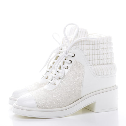 Chanel Tweed Patent Calfskin Velvet Lace Up Boots 37 White 3 of 10
