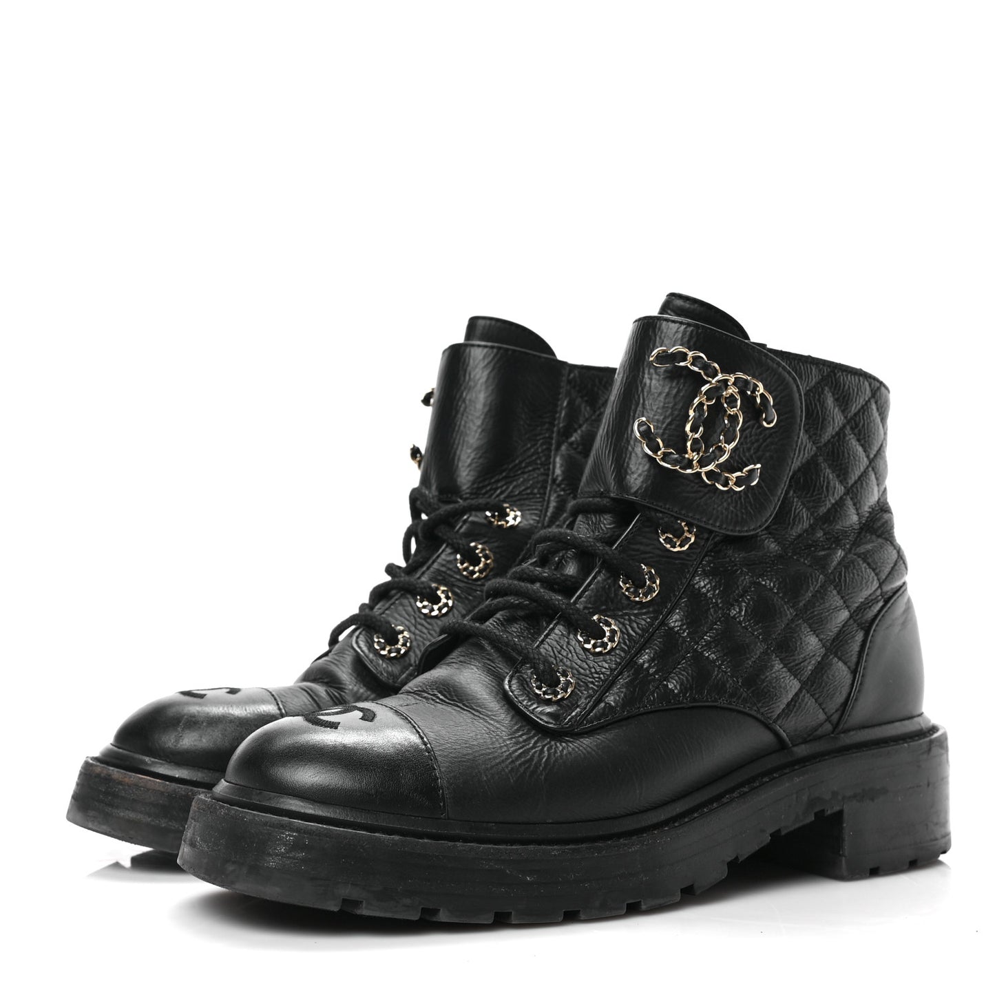 Shiny Goatskin Calfskin Quilted Lace Up Combat Boots 38 Black