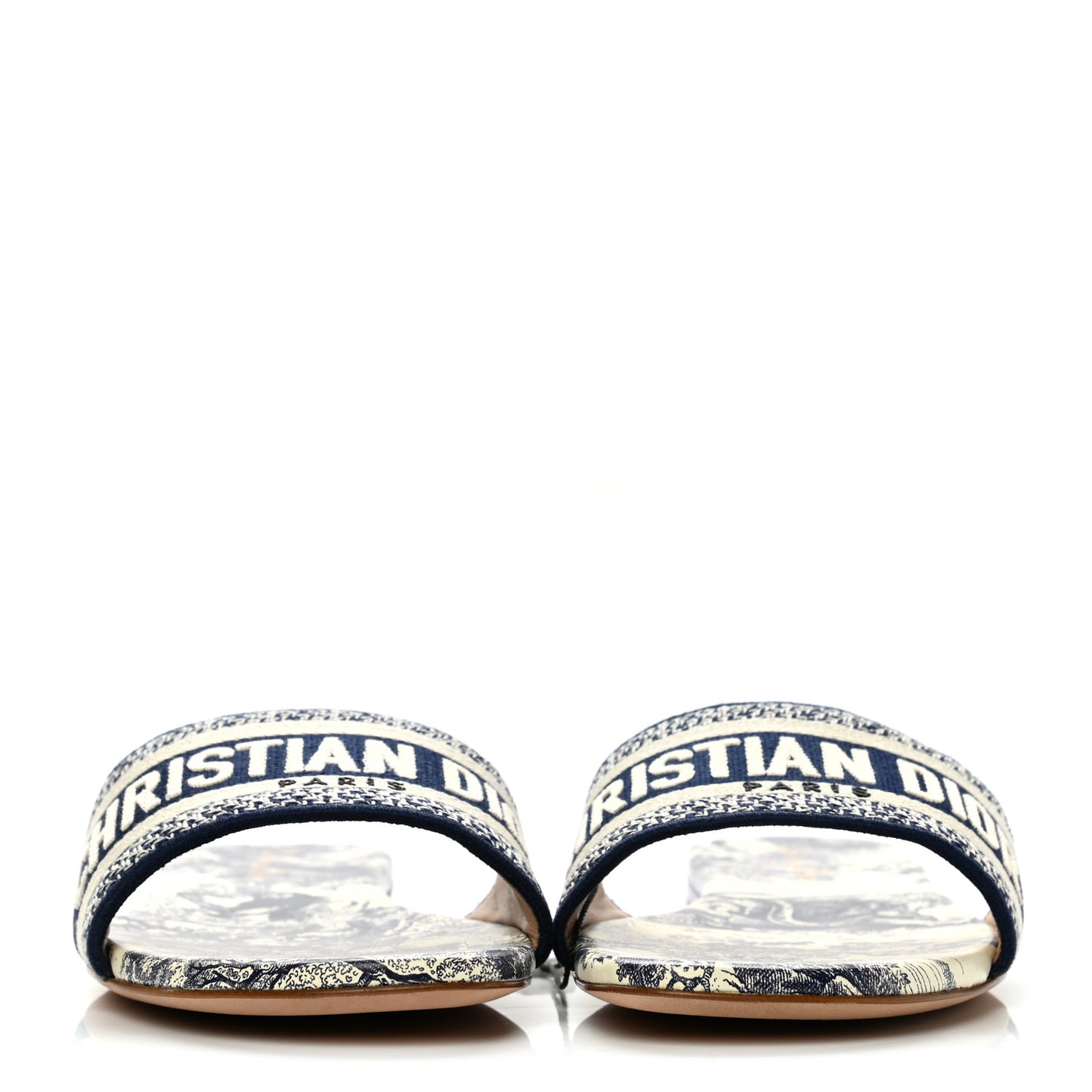 Canvas Toile de Jouy Embroidered Dway Flat Slide Sandals 39 Blue