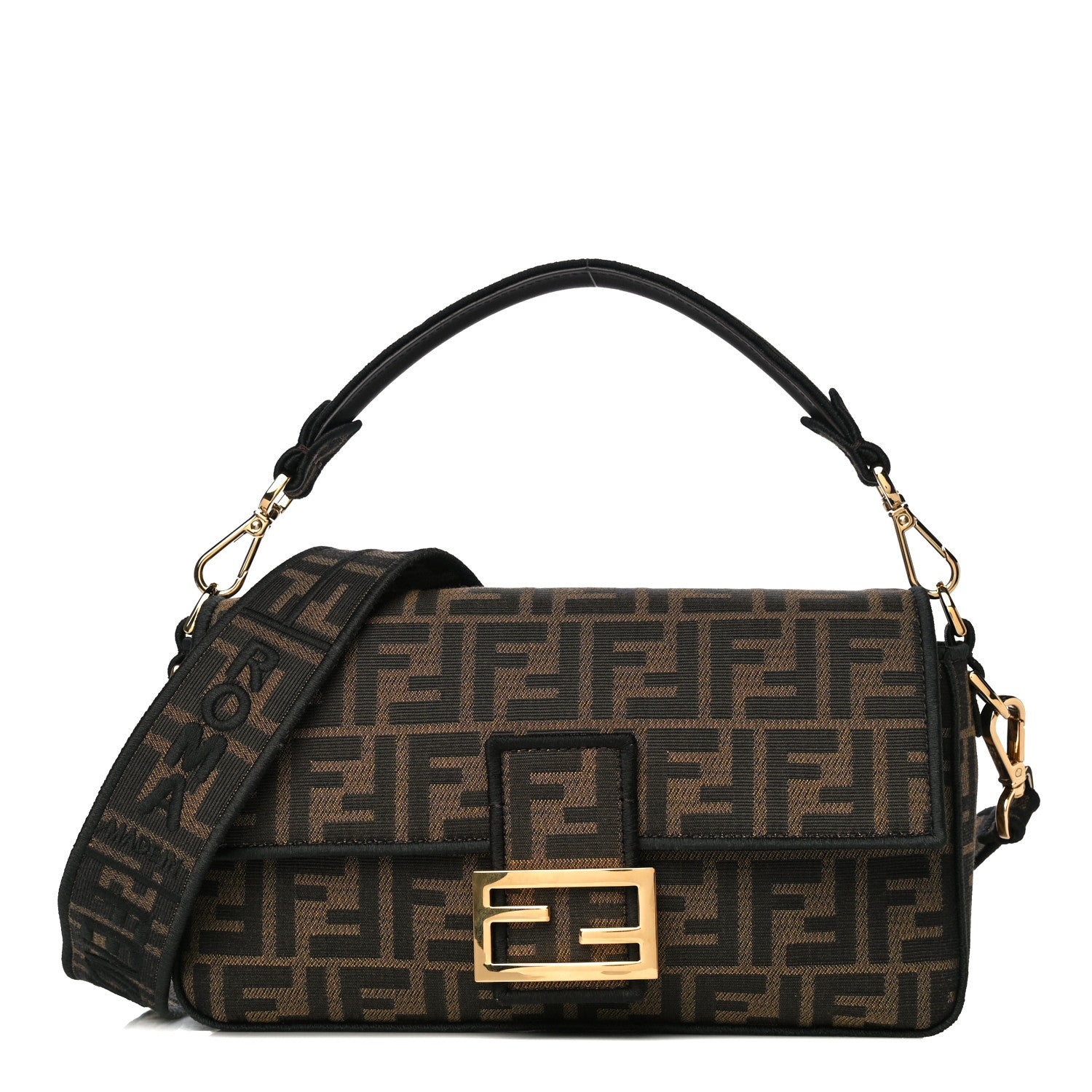 Fendi Fabric Jacquard FF 1974 Medium Baguette Tobacco Moro Black 1 of 12