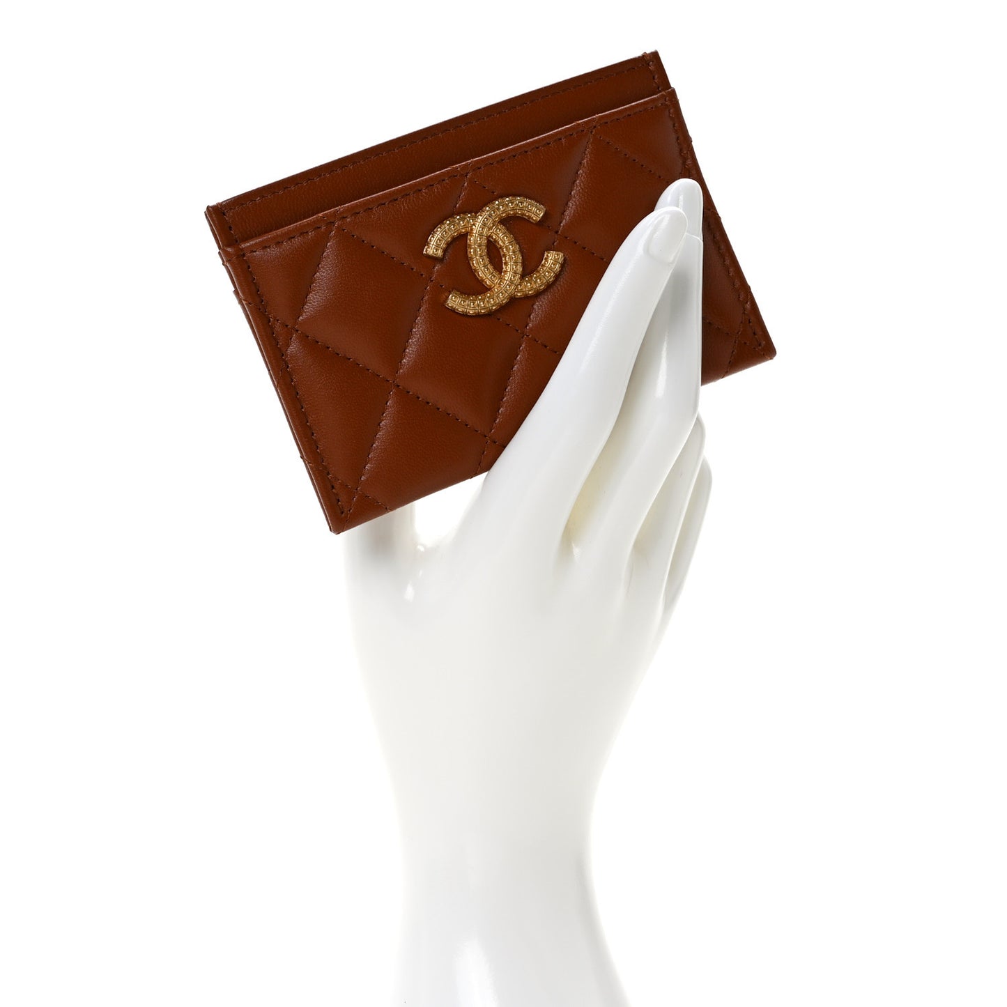 Lambskin Quilted Studded CC Card Holder Camel