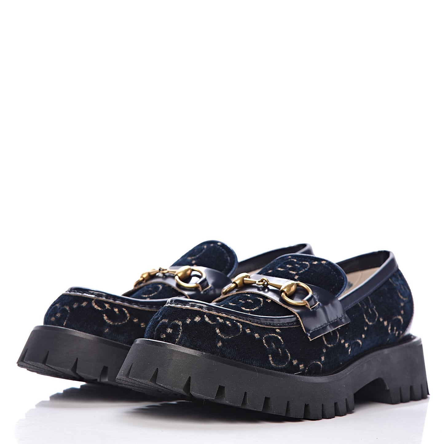 Velvet Cordovan Lux Granada Kid GG Monogram Womens Harald Horsebit 25mm Platform Loafers 39 Blue Beige