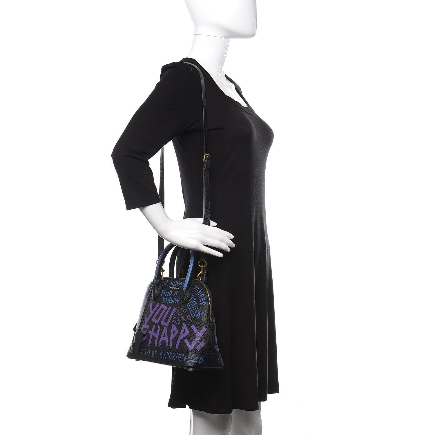 Balenciaga Grained Calfskin Print Graffiti S Ville Top Handle Bag Black Bleu Violet 2 of 12