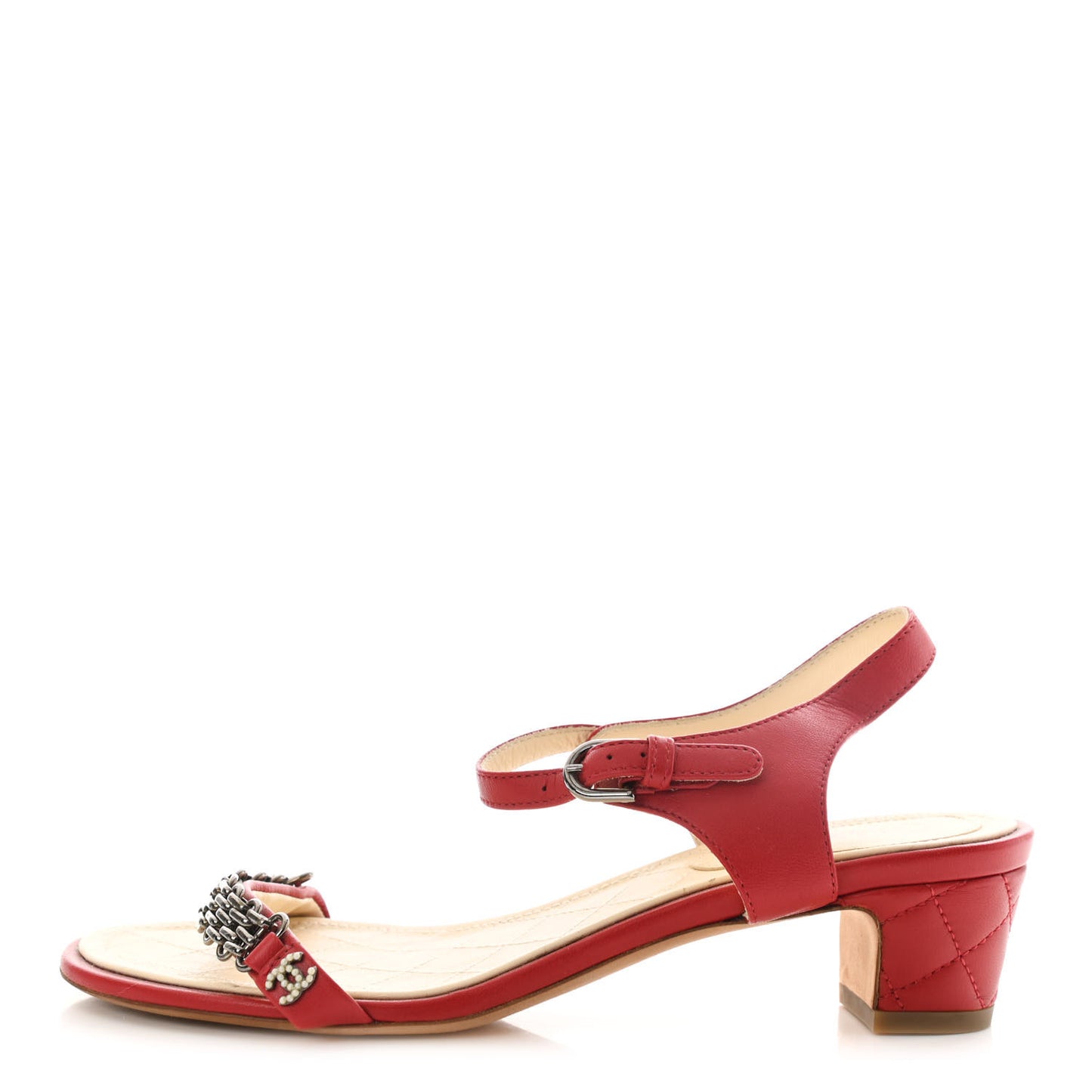 Lambskin CC Pearl Chain Sandals 37 Red
