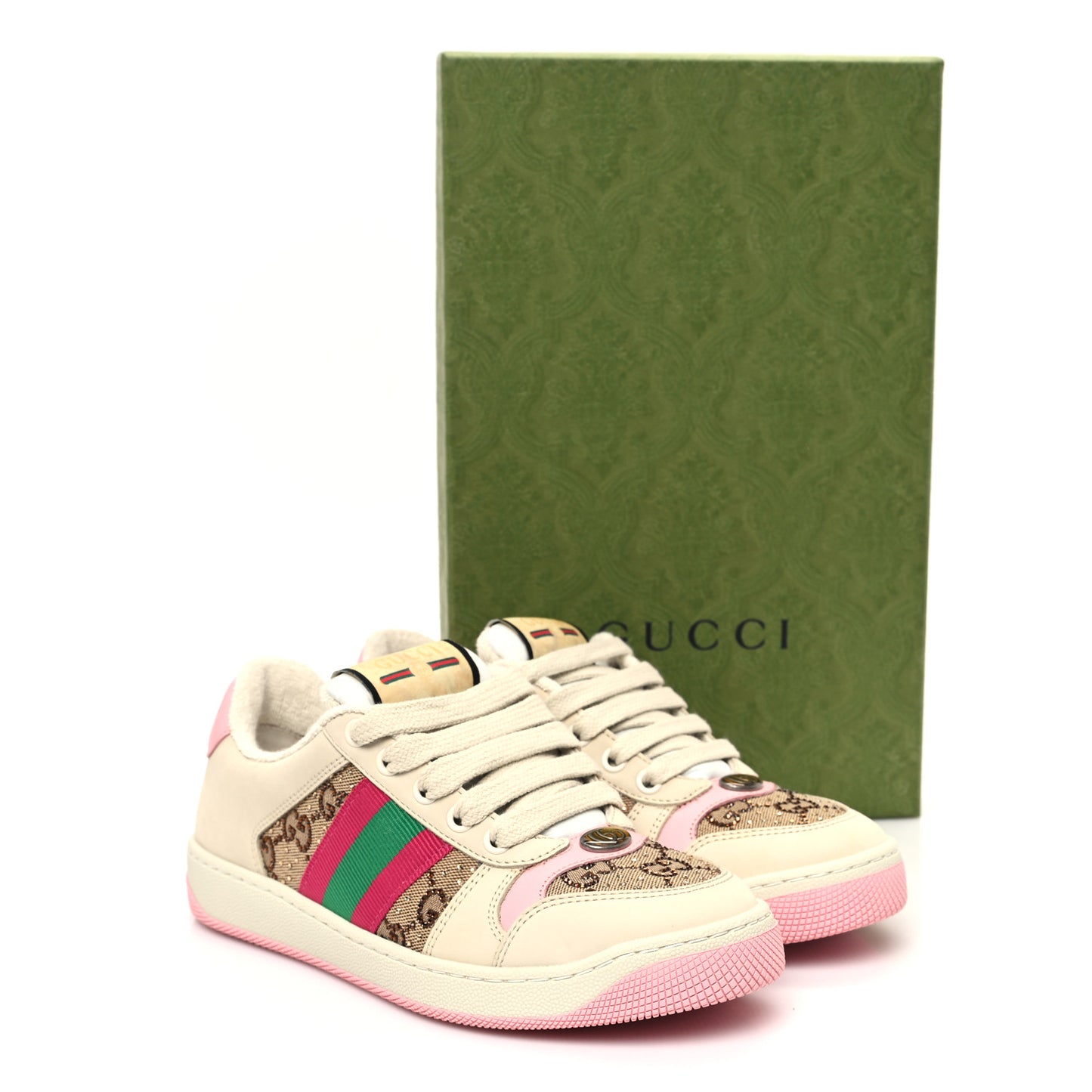 Calfskin GG Supreme Crystals Web Screener Sneakers 35.5 Beige Ebony Wild Rose