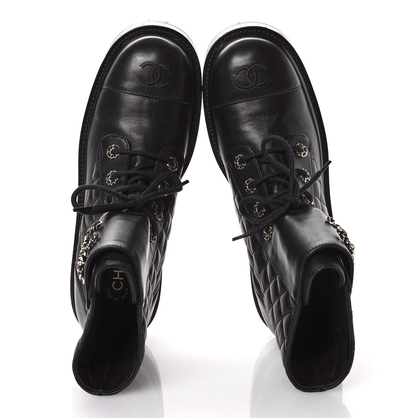 Shiny Lambskin Quilted Lace Up Combat Boots 41.5 Black