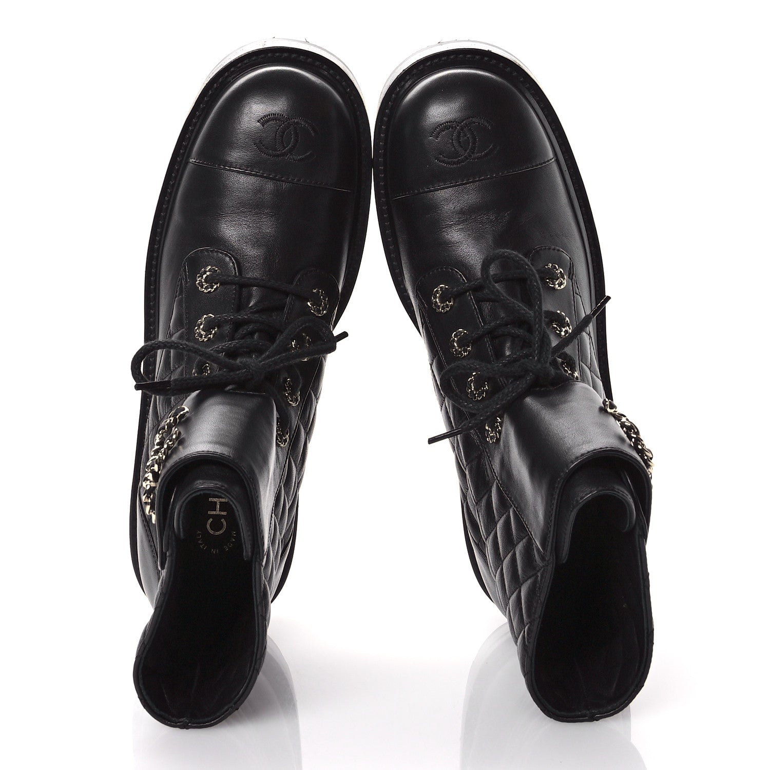 Chanel Shiny Lambskin Quilted Lace Up Combat Boots 41.5 Black 2 of 9