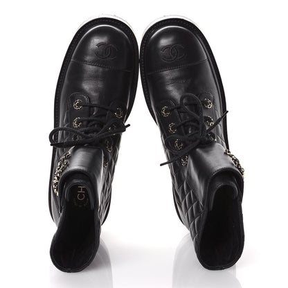 Chanel Shiny Lambskin Quilted Lace Up Combat Boots 41.5 Black 2 of 9