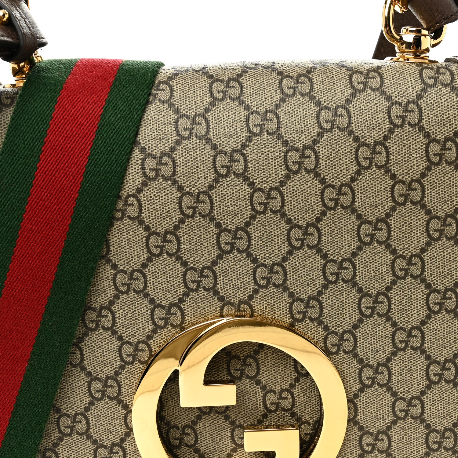 Gucci GG Supreme Monogram Textured Dollar Calfskin Web Medium Blondie Top Handle Shoulder Flap Bag Beige Ebony New Acero 8 of 10