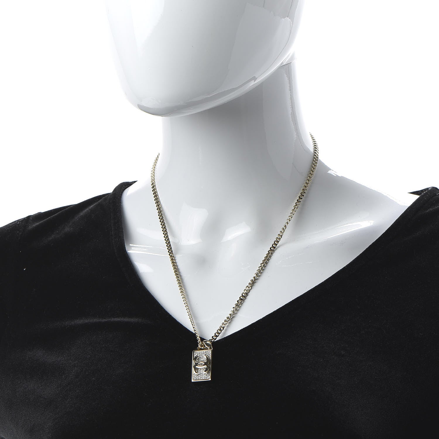 Chanel Crystal Dog Tag Charm Necklace Gold 2 of 7