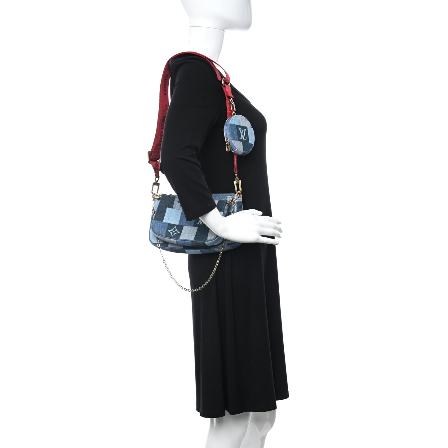 Denim Damier Monogram Patchwork Multi Pochette Accessories Blue Rouge