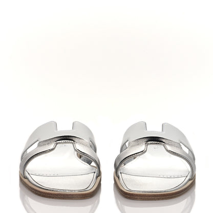 Hermes Metallic Nappa Box Oran Sandals 36.5 White Gris Argente 2 of 9