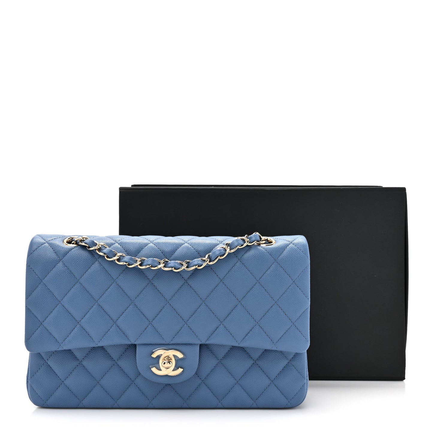 Caviar Quilted Medium Double Flap Blue