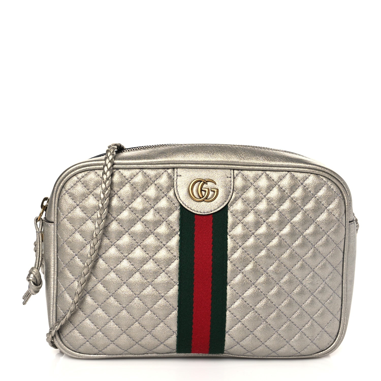 Gucci Laminated Nappa Web Trapuntata Small GG Shoulder Bag Argento 1 of 10