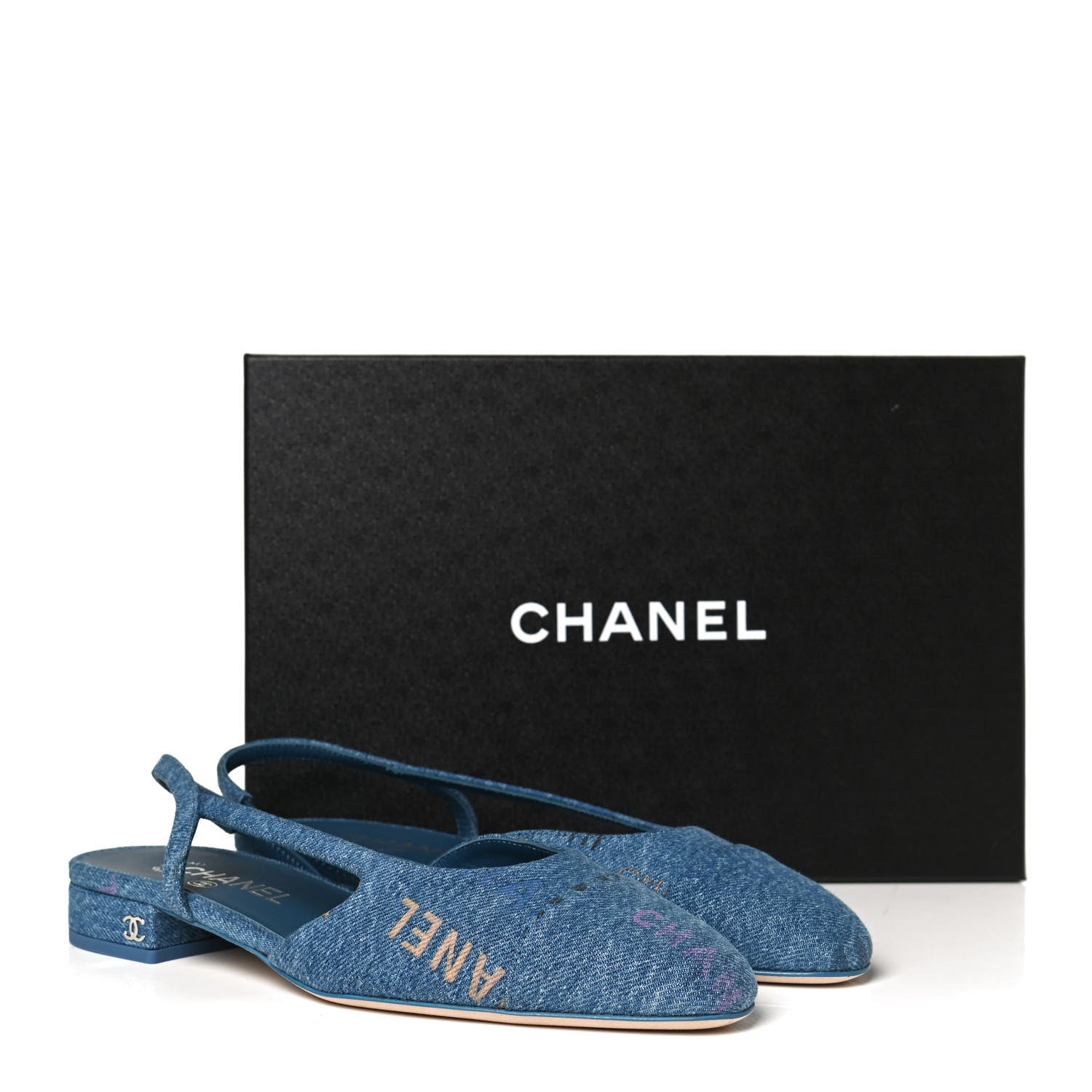 Chanel Denim Cap Toe CC Slingback Flats 38 Light Blue Multicolor 10 of 10