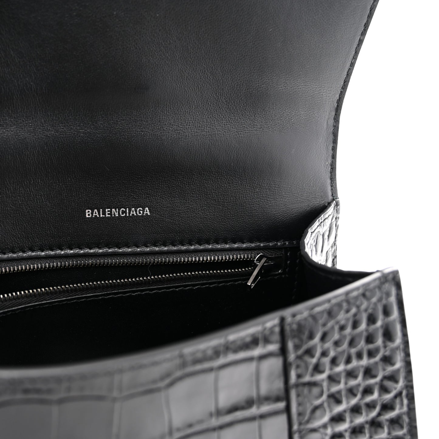 Shiny Calfskin Monochrome Crocodile Embossed Small Hourglass Top Handle Bag Black