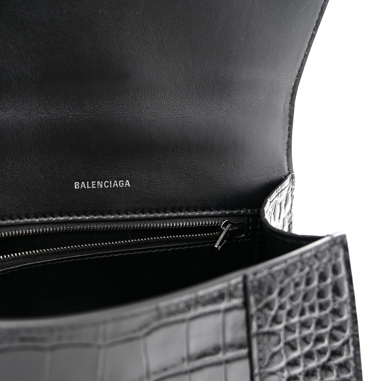 Balenciaga Shiny Calfskin Monochrome Crocodile Embossed Small Hourglass Top Handle Bag Black 6 of 11