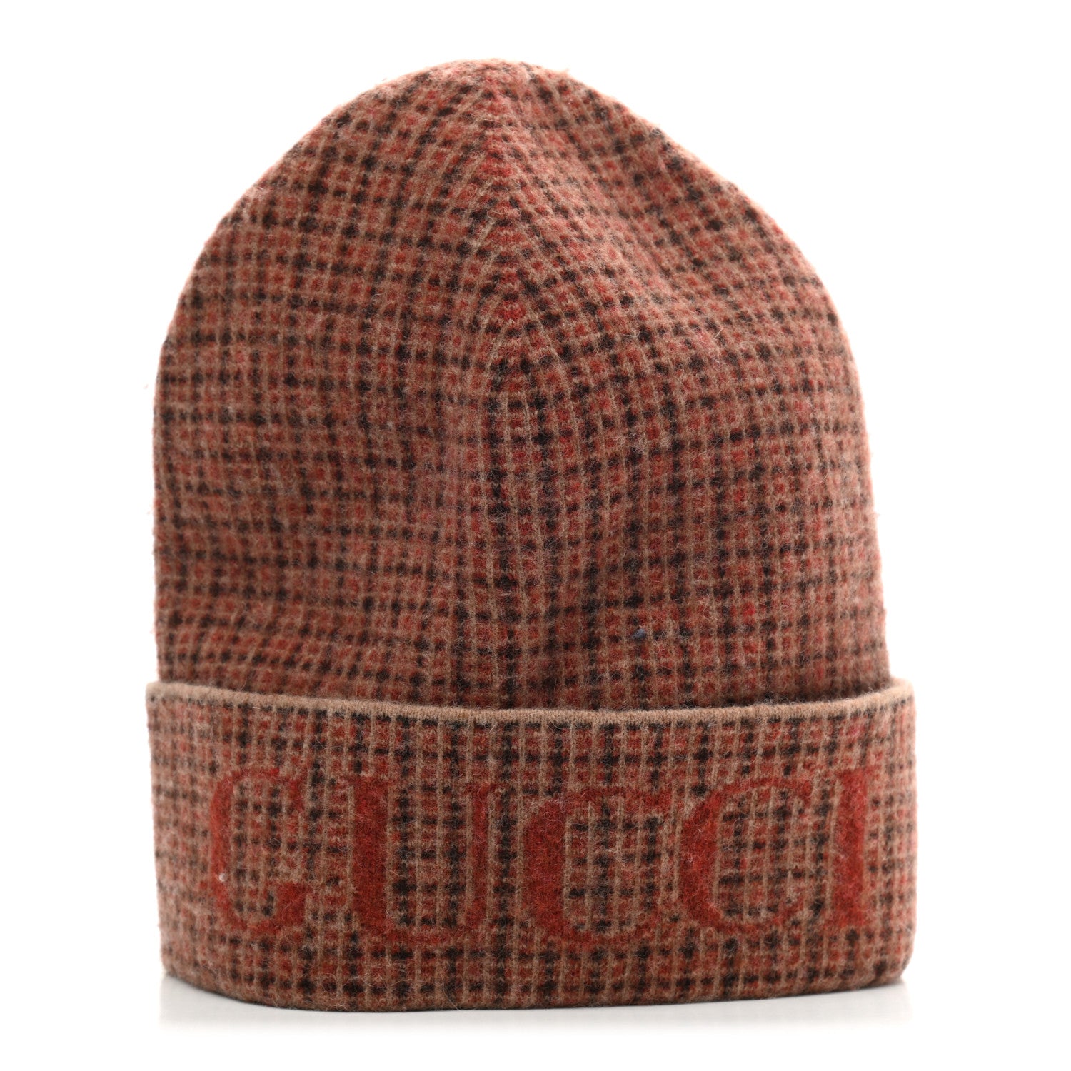 Gucci Wool Check Logo Beanie Hat M 58 Orange Beige 1 of 4