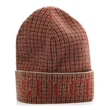 Gucci Wool Check Logo Beanie Hat M 58 Orange Beige 1 of 4
