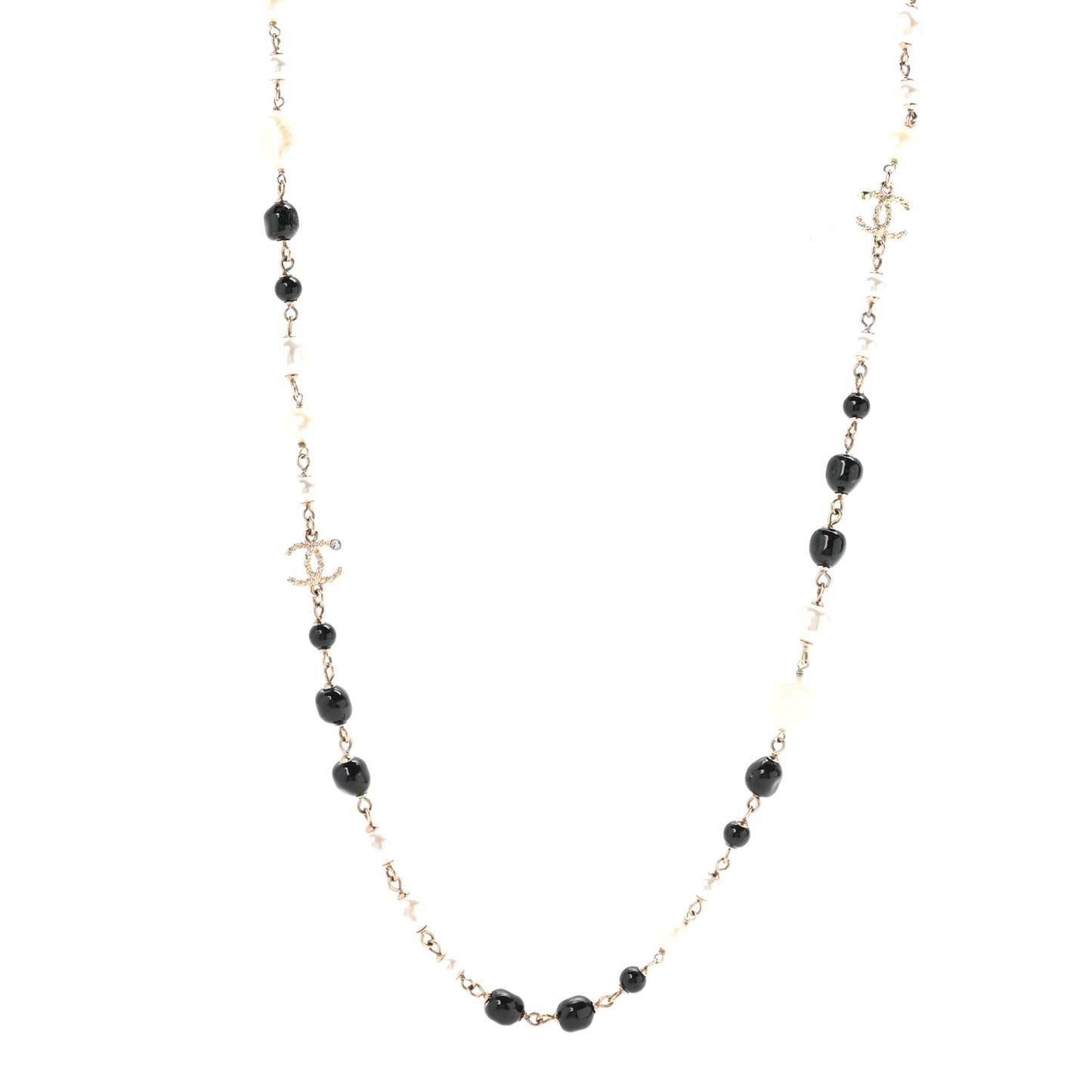 Pearl Beaded Crystal CC Long Necklace Gold Black White