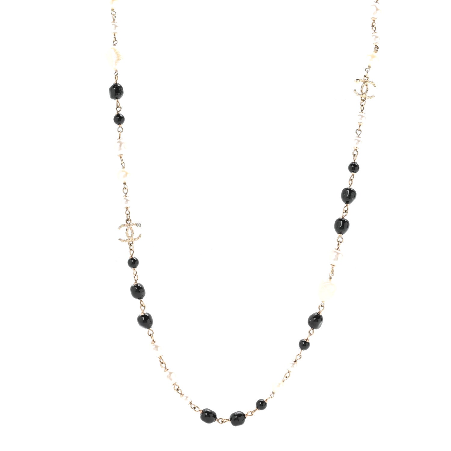 Chanel Pearl Beaded Crystal CC Long Necklace Gold Black White 1 of 6