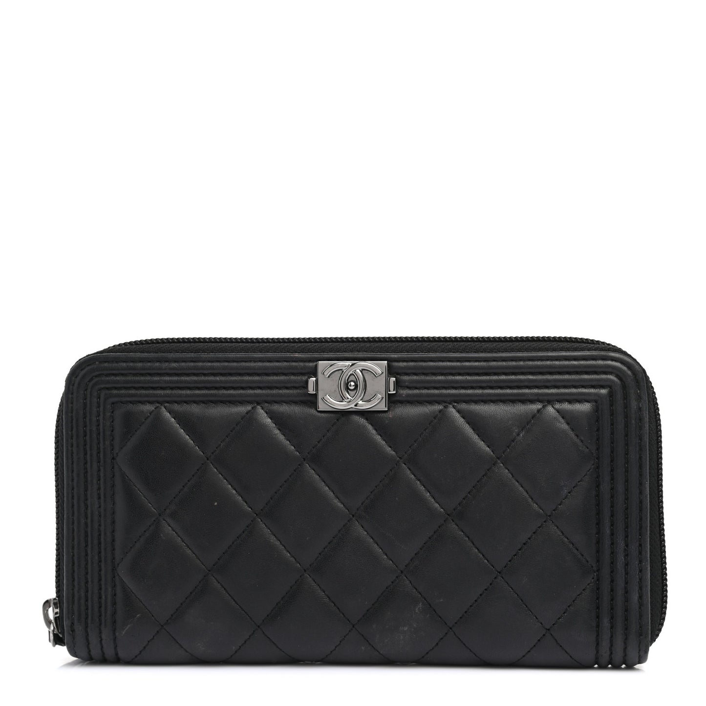 Lambskin Quilted Boy Zip Around Wallet Black