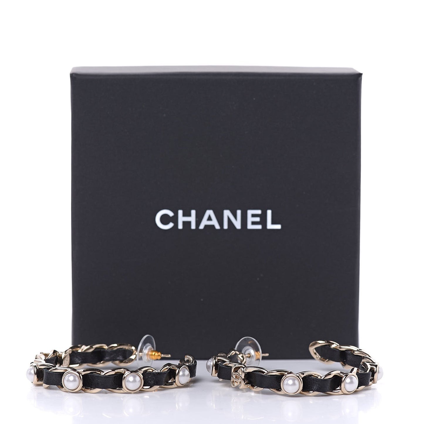 Lambskin Pearl CC Chain Hoop Earrings Gold Black