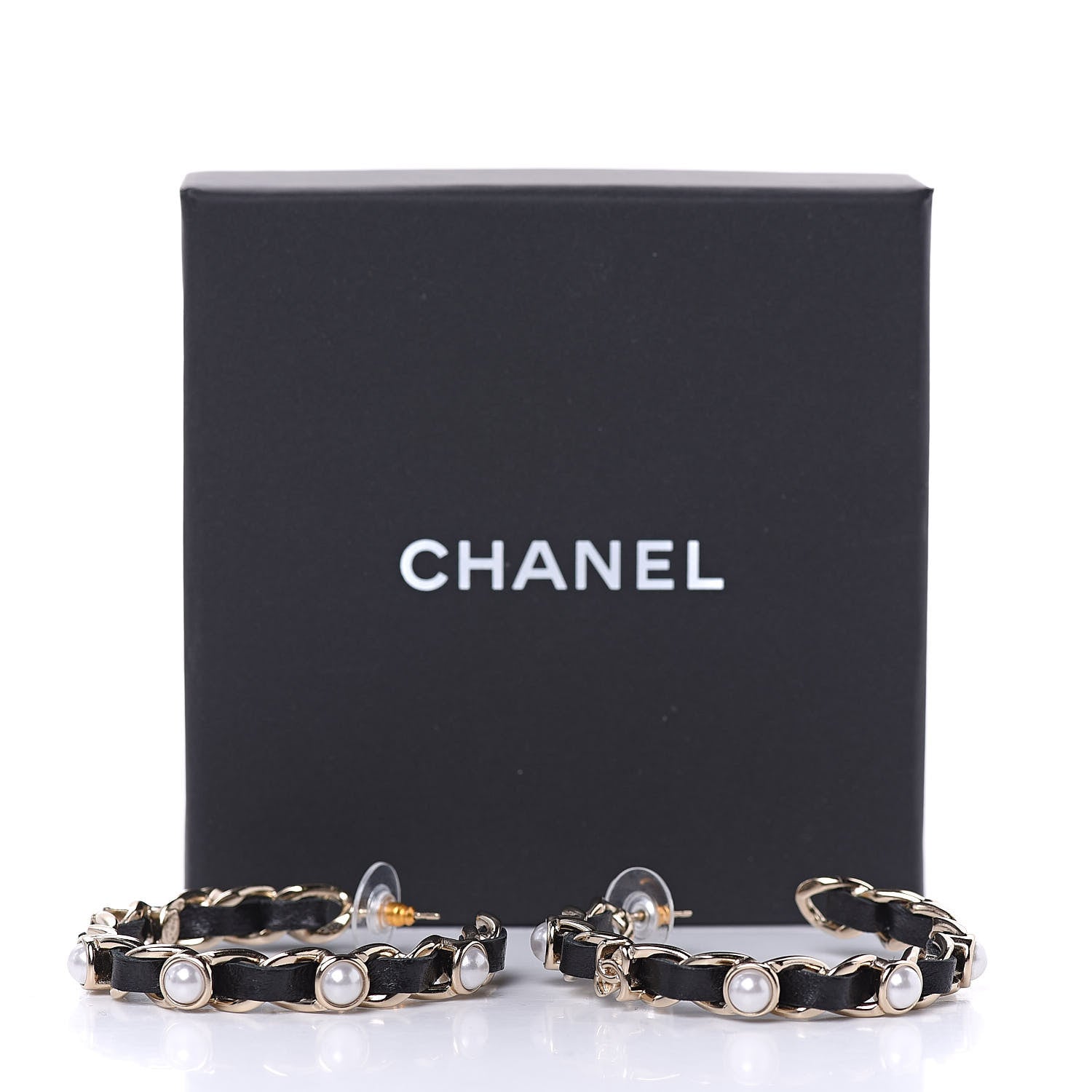 Chanel Lambskin Pearl CC Chain Hoop Earrings Gold Black 5 of 5