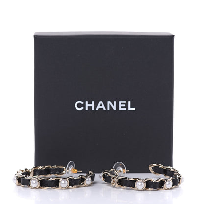 Chanel Lambskin Pearl CC Chain Hoop Earrings Gold Black 5 of 5