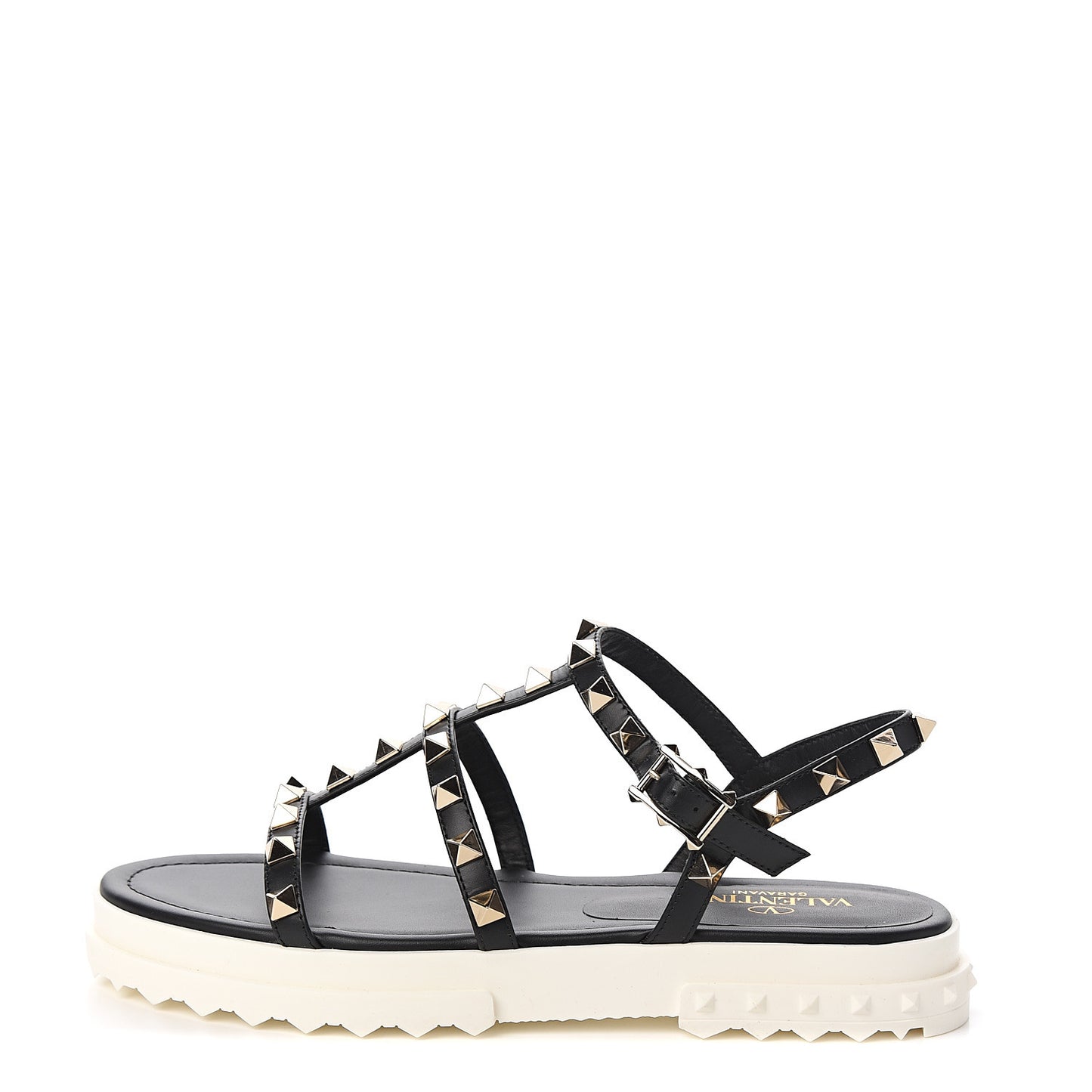 Calfskin Bedrock Rockstud Ankle Flat Sandals 35 Black