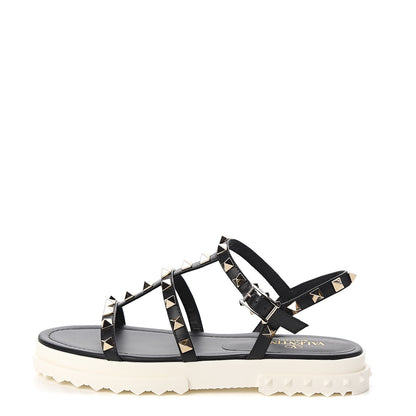 Valentino Garavani Calfskin Bedrock Rockstud Ankle Flat Sandals 35 Black 1 of 9