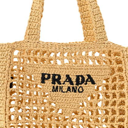 Prada Yarn Raffia Effect Crochet Logo Embroidered Small Tote Bag Naturale 7 of 9