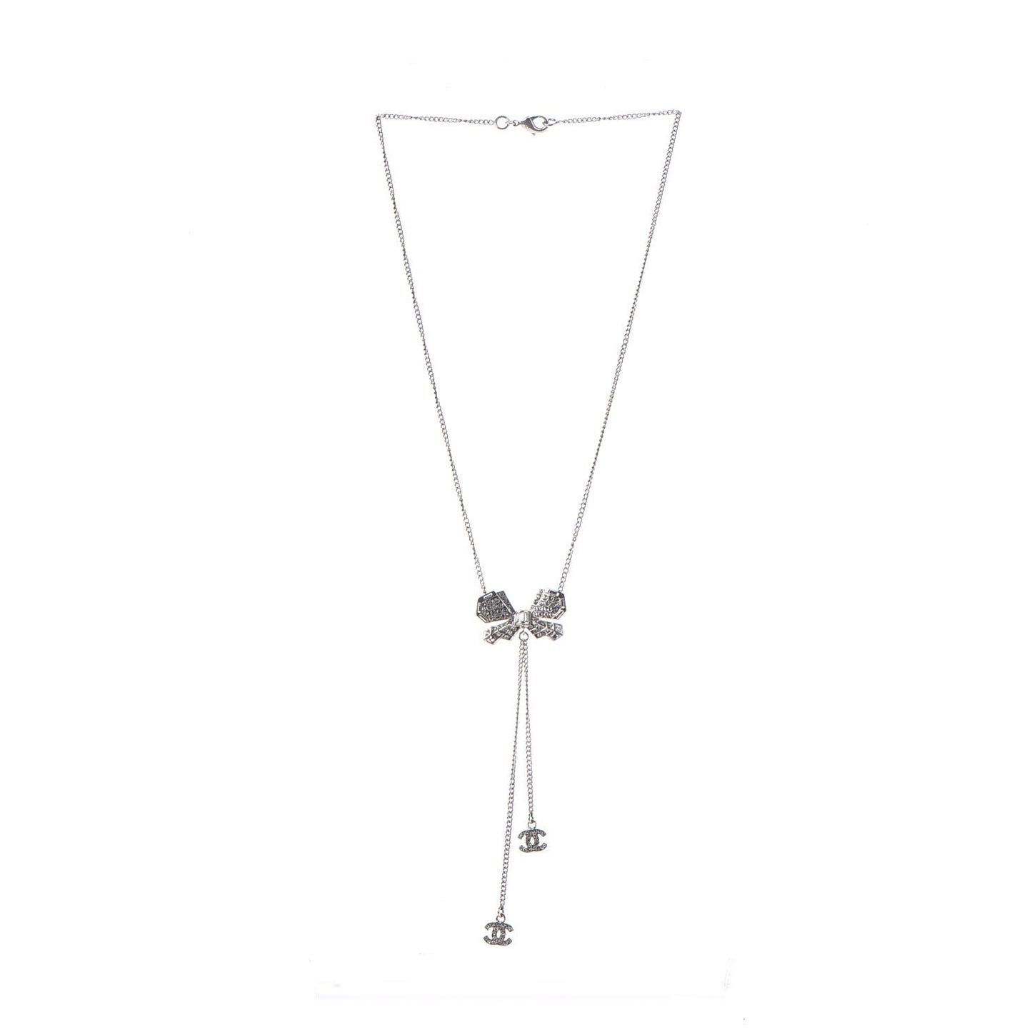Crystal CC Bow Drop Necklace Silver