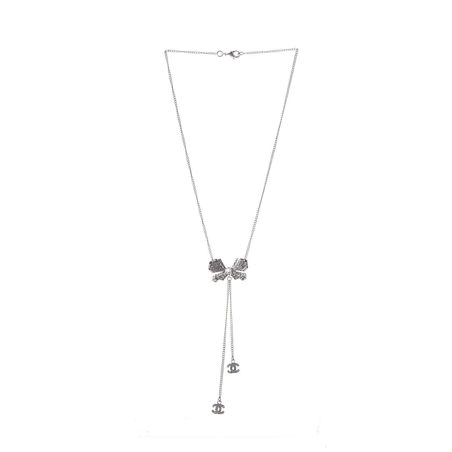 Chanel Crystal CC Bow Drop Necklace Silver 3 of 5