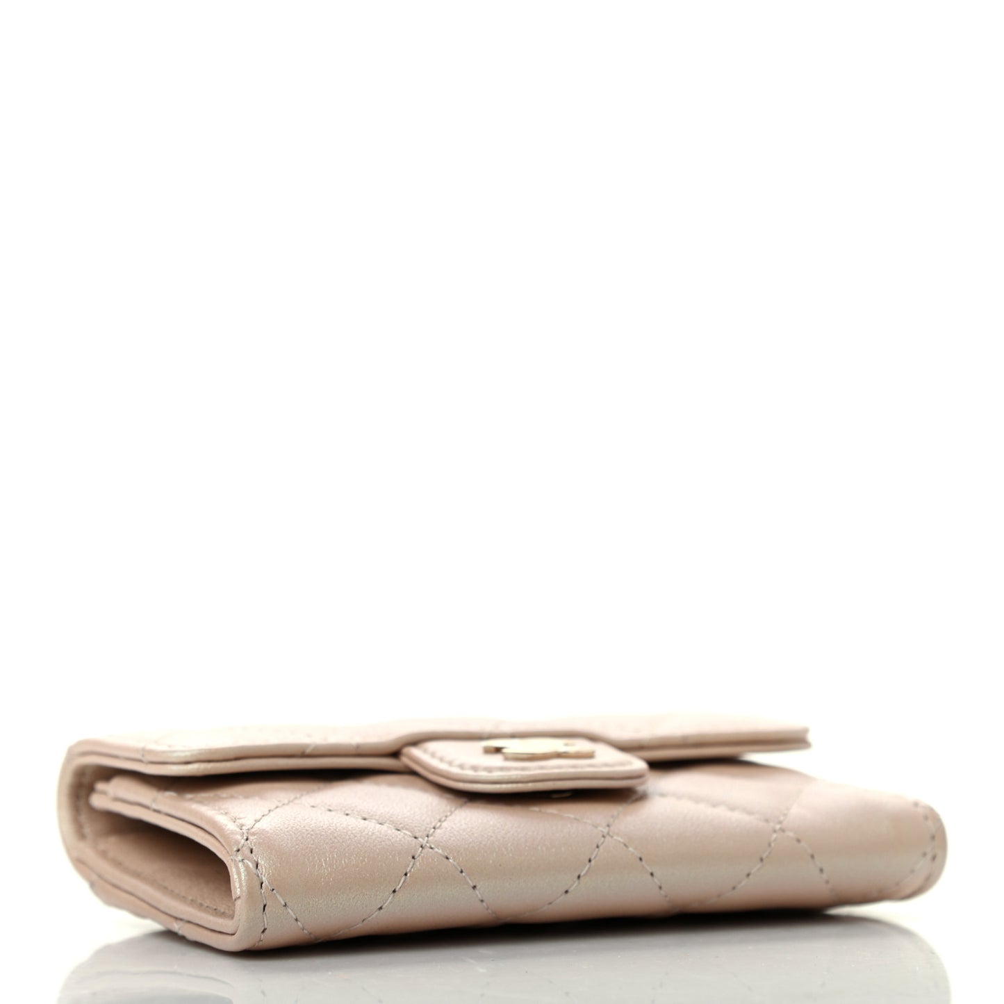 Iridescent Calfskin Quilted Flap Card Holder Wallet Beige