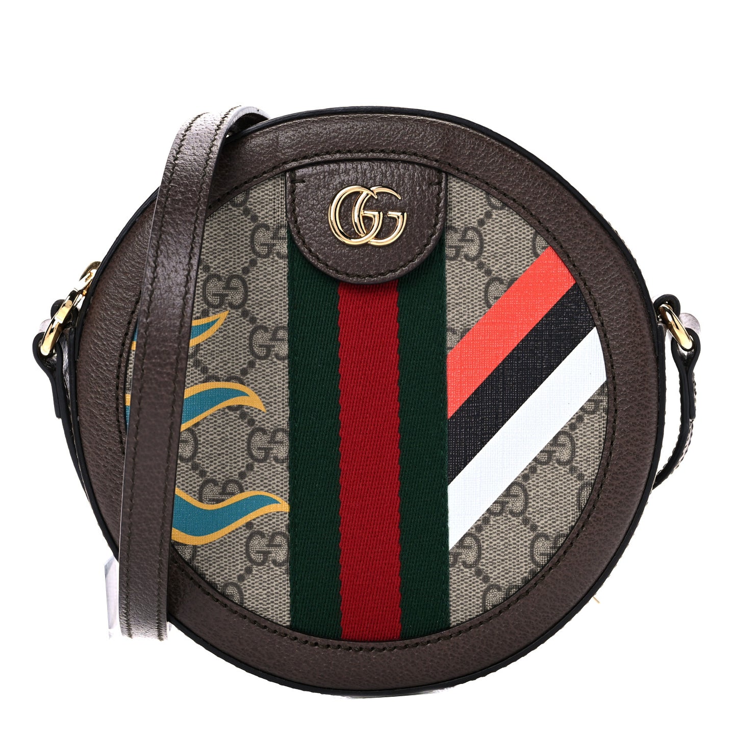 GG Supreme Monogram Equestrian Web Mini Ophidia Round Shoulder Bag Brown