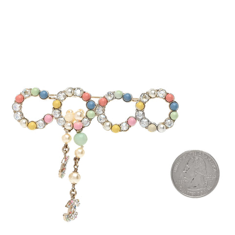 Resin Pearl Crystal Coco Dangling Brooch Gold