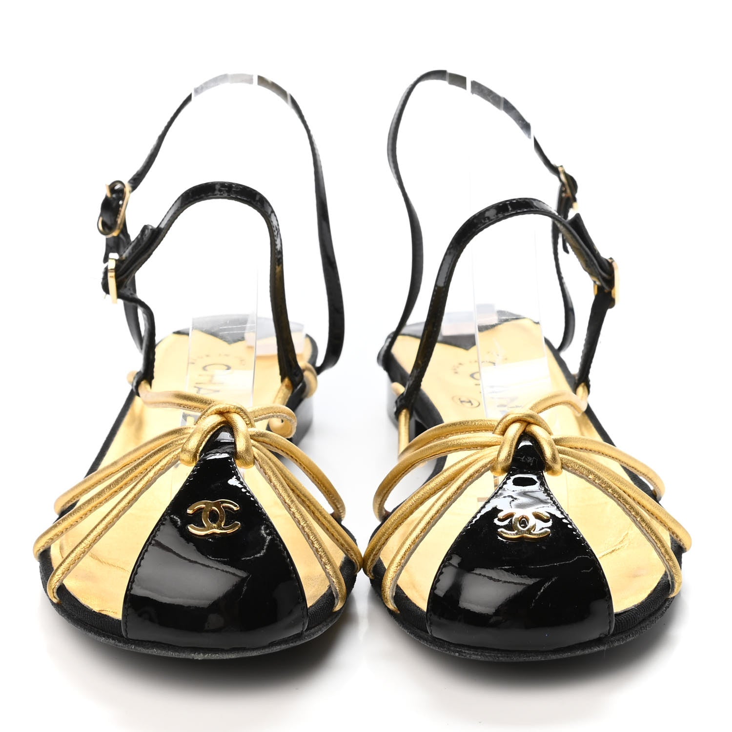Chanel Metallic Lambskin Patent CC Strappy Flat Sandals 38 Gold Black 2 of 4