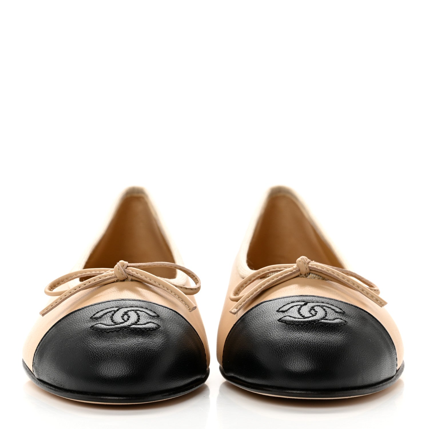 Chanel Lambskin Cap Toe CC Ballerina Flats 37.5 Beige Black 2 of 8