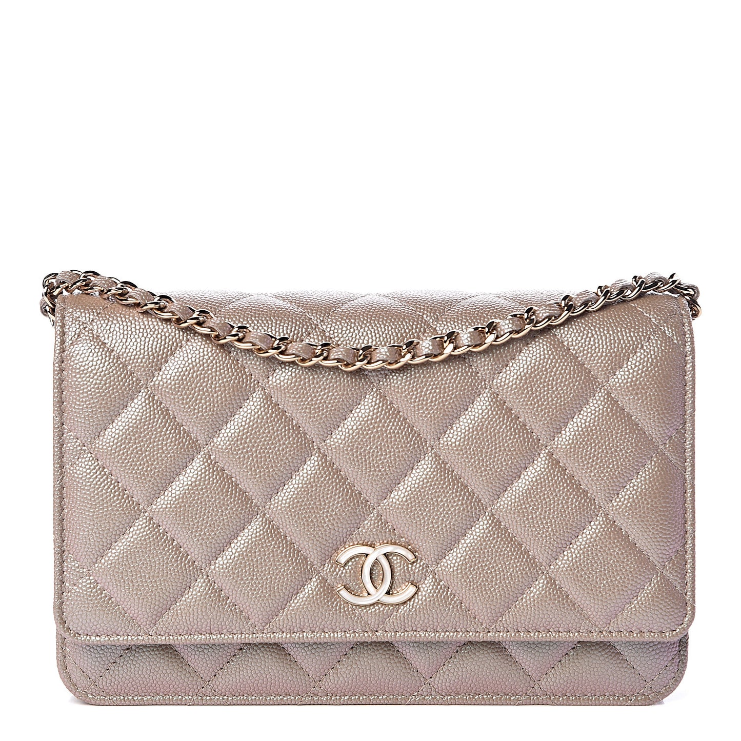 Iridescent Caviar Quilted Wallet On Chain WOC Beige