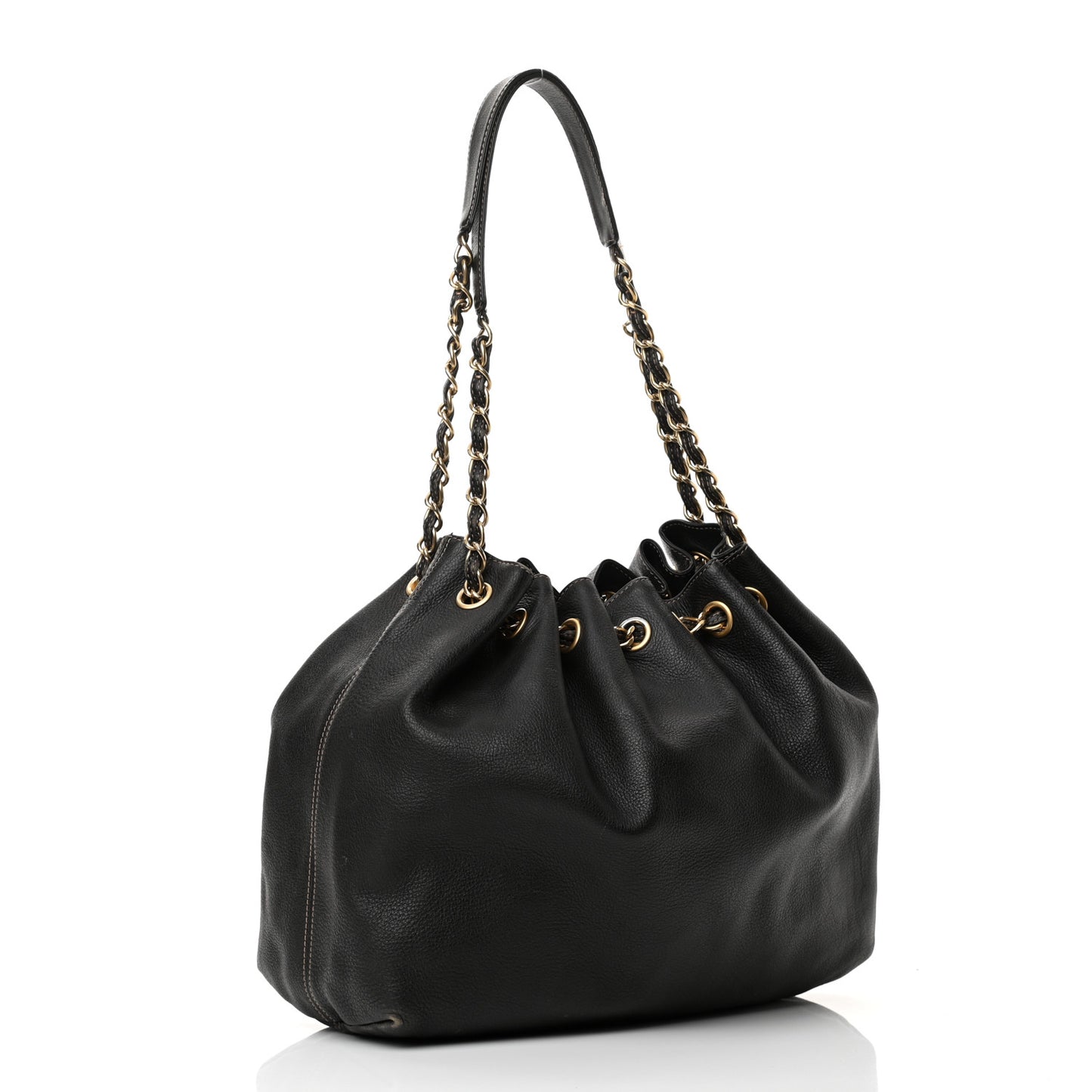 Grained Calfskin CC Drawstring Bucket Bag Black