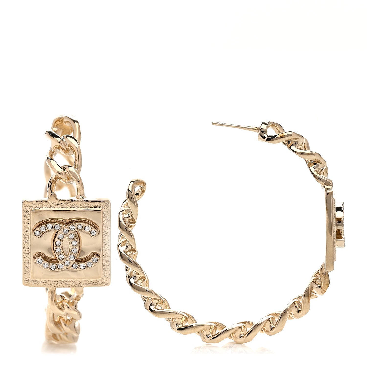 Chanel Metal Crystal CC Square Chain Hoop Earrings Gold 1 of 5