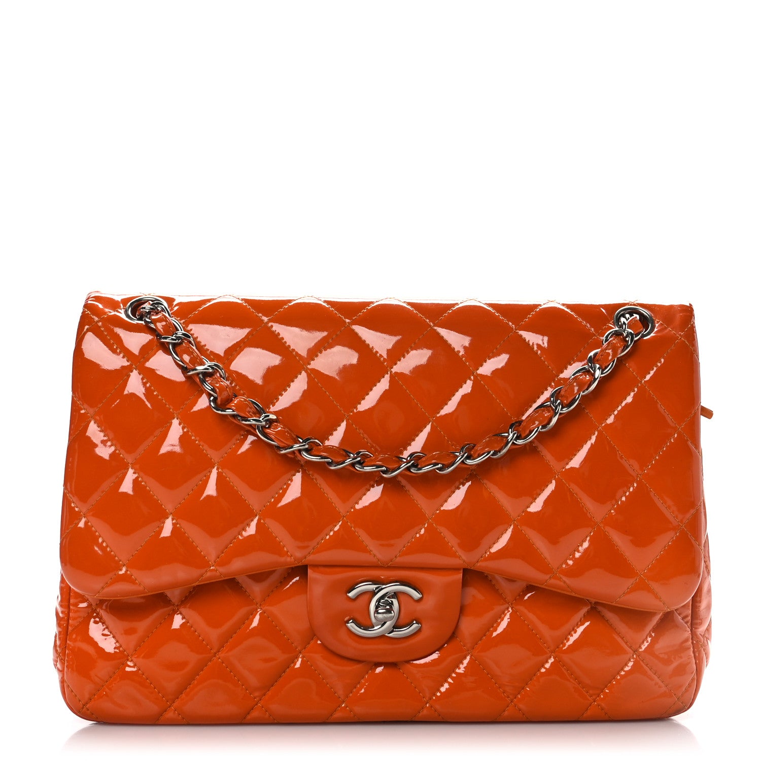 Chanel Patent Quilted Jumbo Double Flap Orange 1 of 9