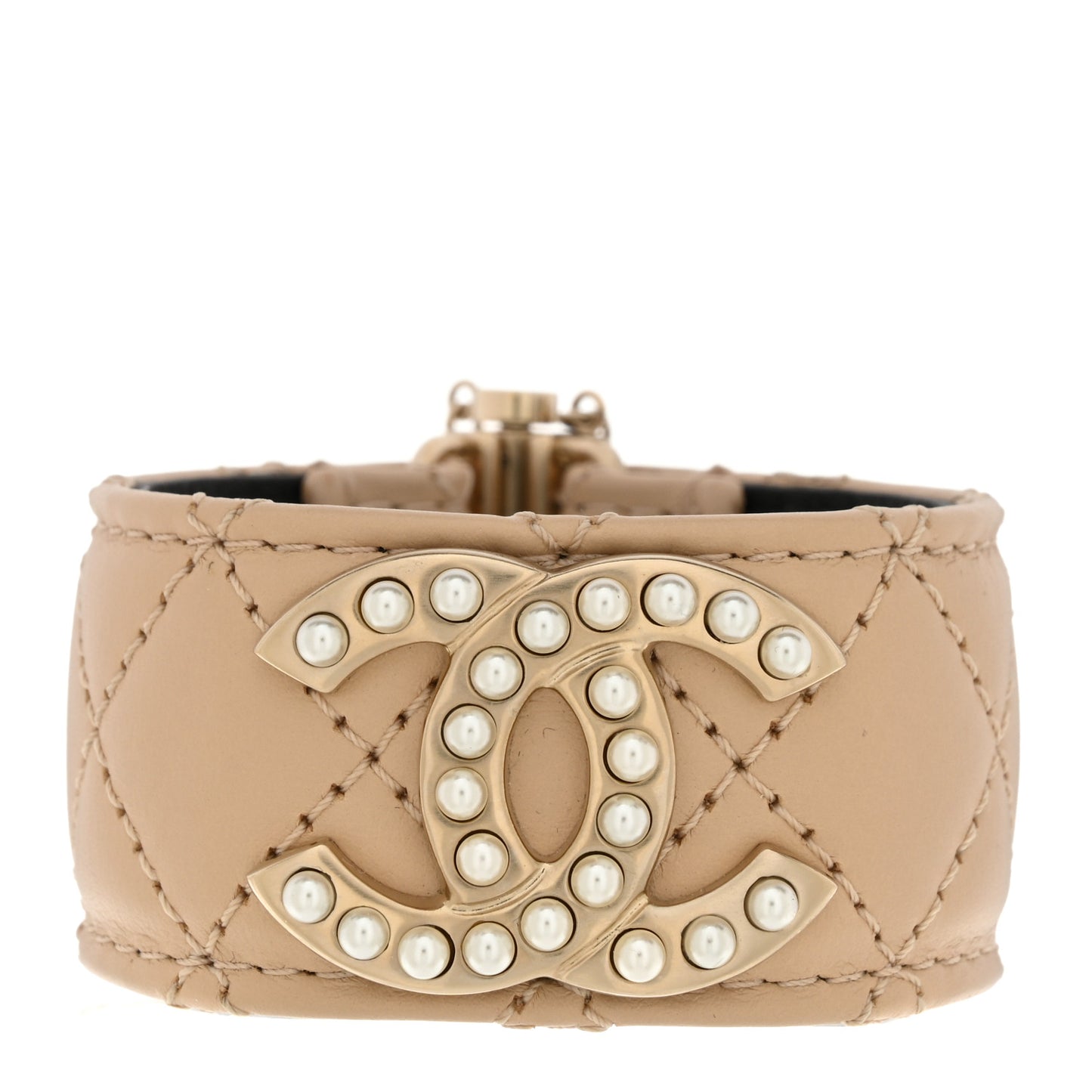 Lambskin Quilted Pearl CC Cuff Bracelet Beige
