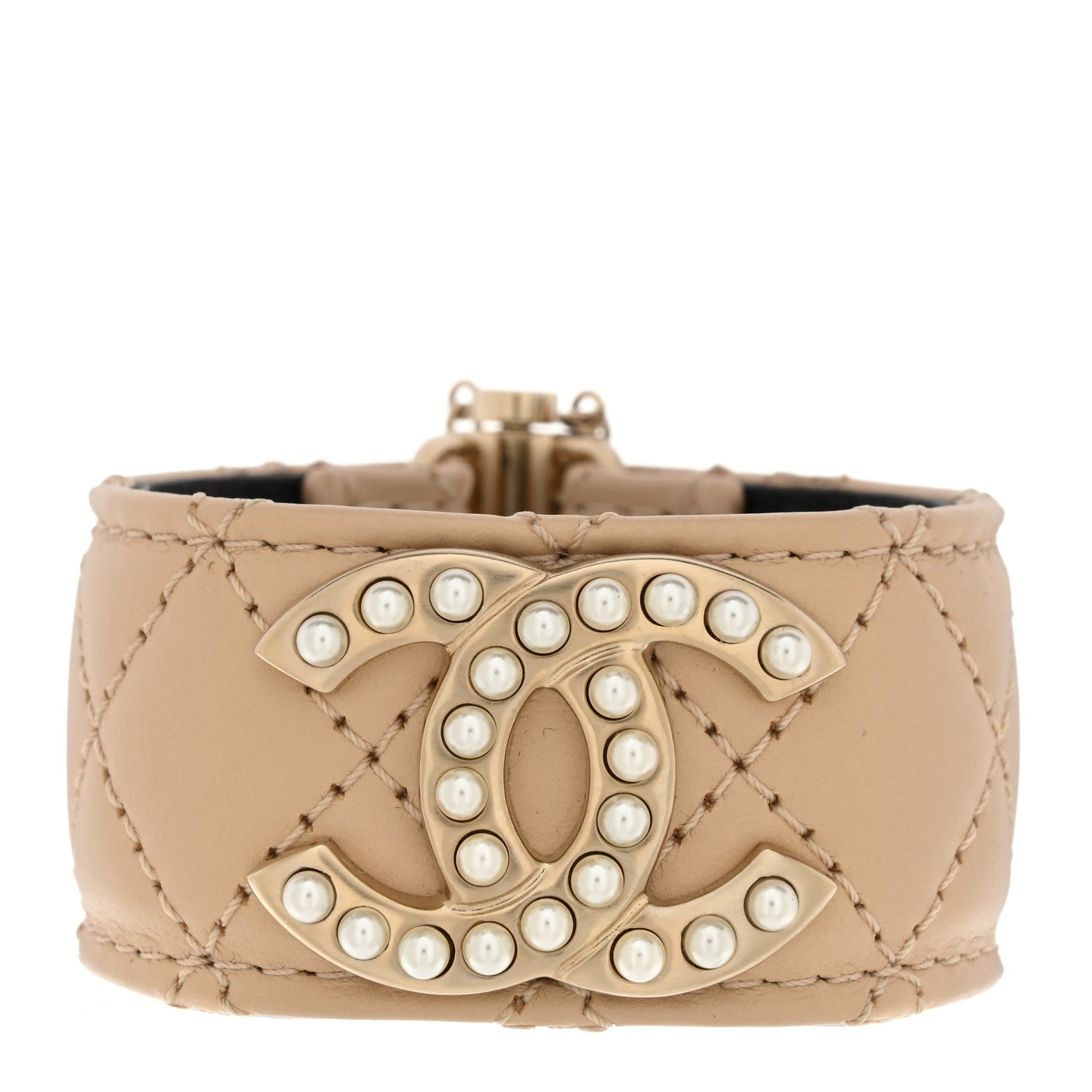 Chanel Lambskin Quilted Pearl CC Cuff Bracelet Beige 1 of 5