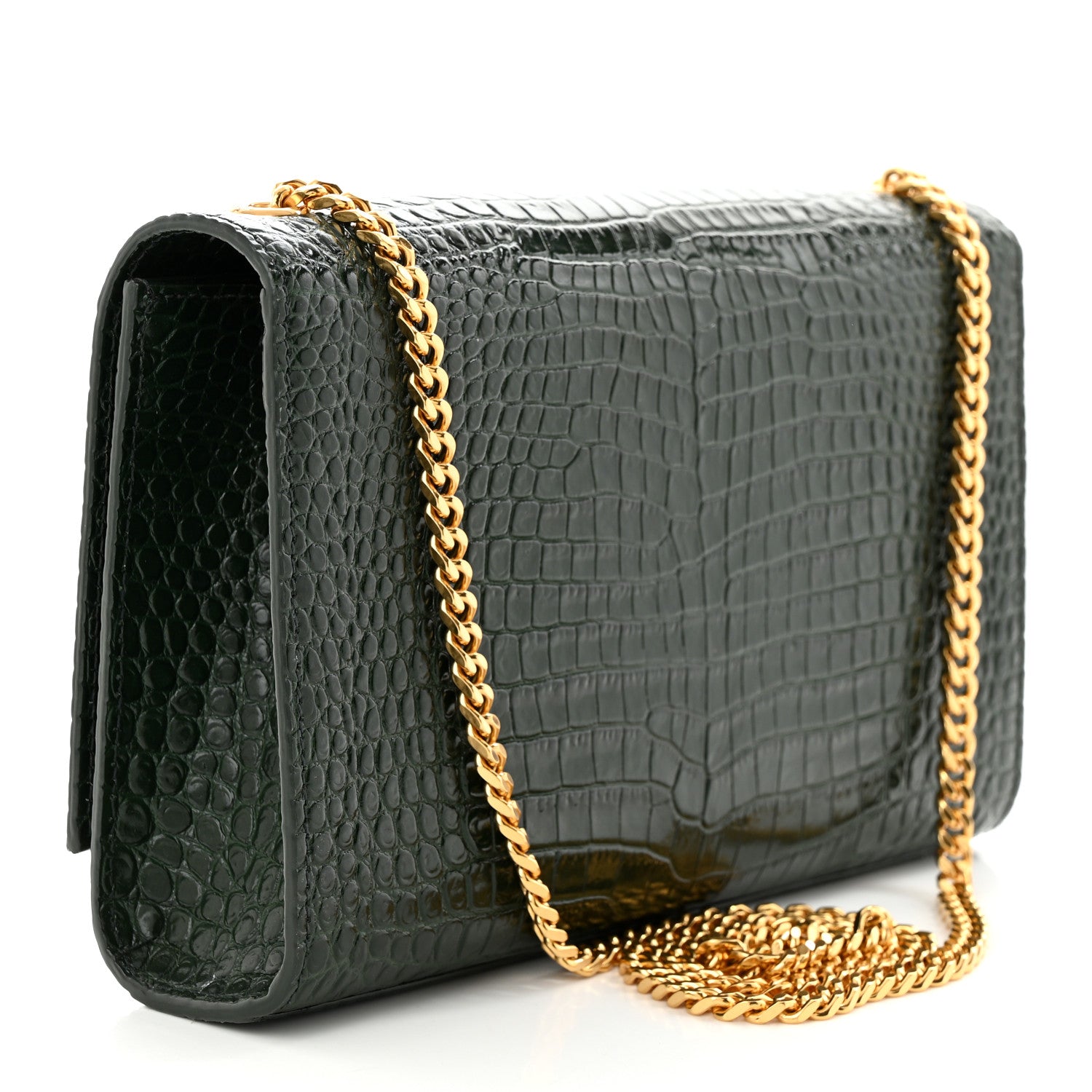 Saint Laurent Calfskin Crocodile Embossed Medium Classic Monogram Kate Tassel Satchel Dark Mint 3 of 13
