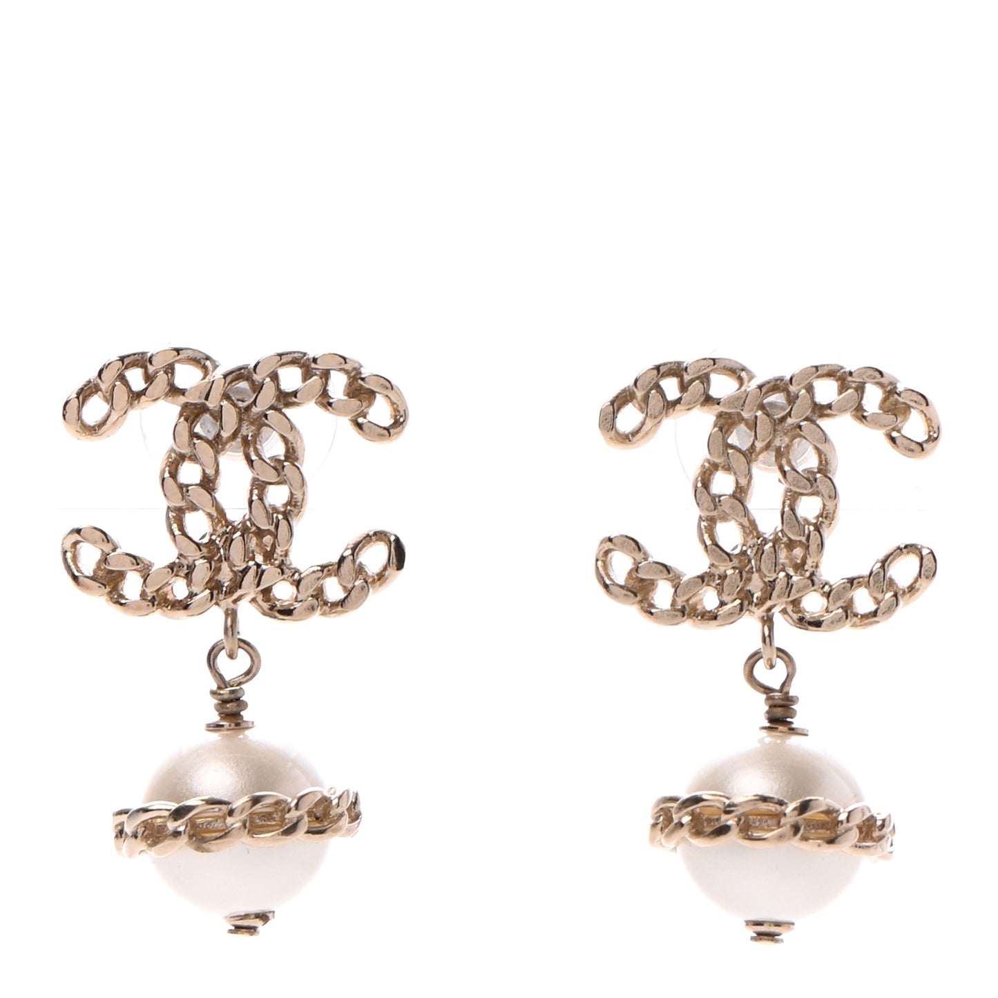 Chain Pearl CC Drop Earrings Gold
