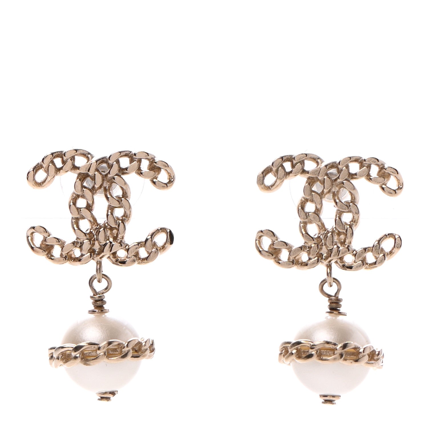 Chanel Chain Pearl CC Drop Earrings Gold 1 of 5