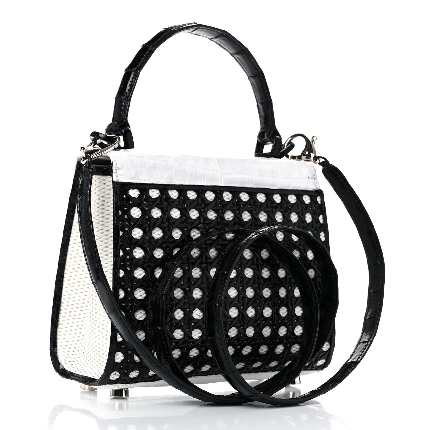 Crocodile Woven Top Handle Bag White Black