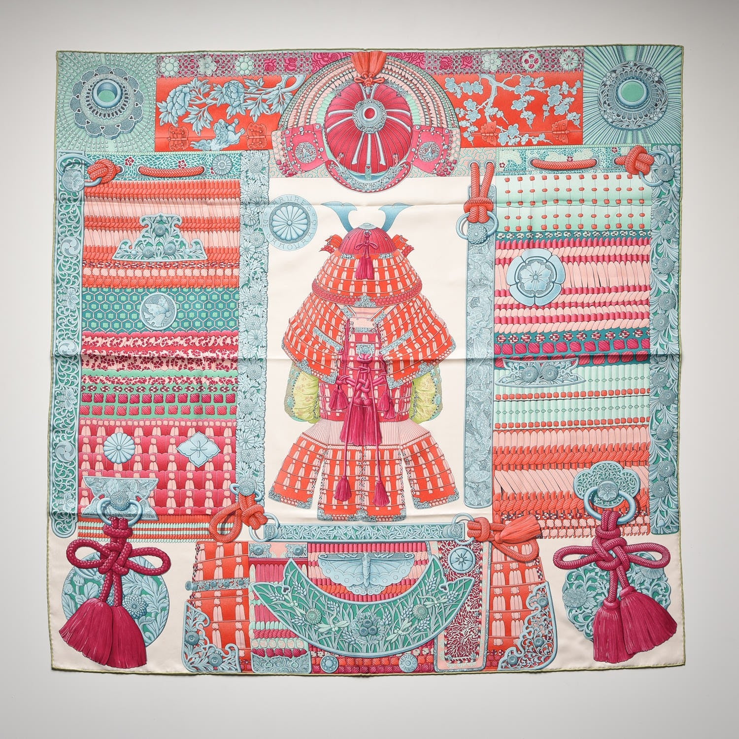 Hermes Silk Parures de Samourais Scarf 90 Creme Aqua Coral 3 of 7